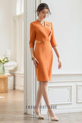 Orange Front Slit V-neck Dress - FashionByTeresa